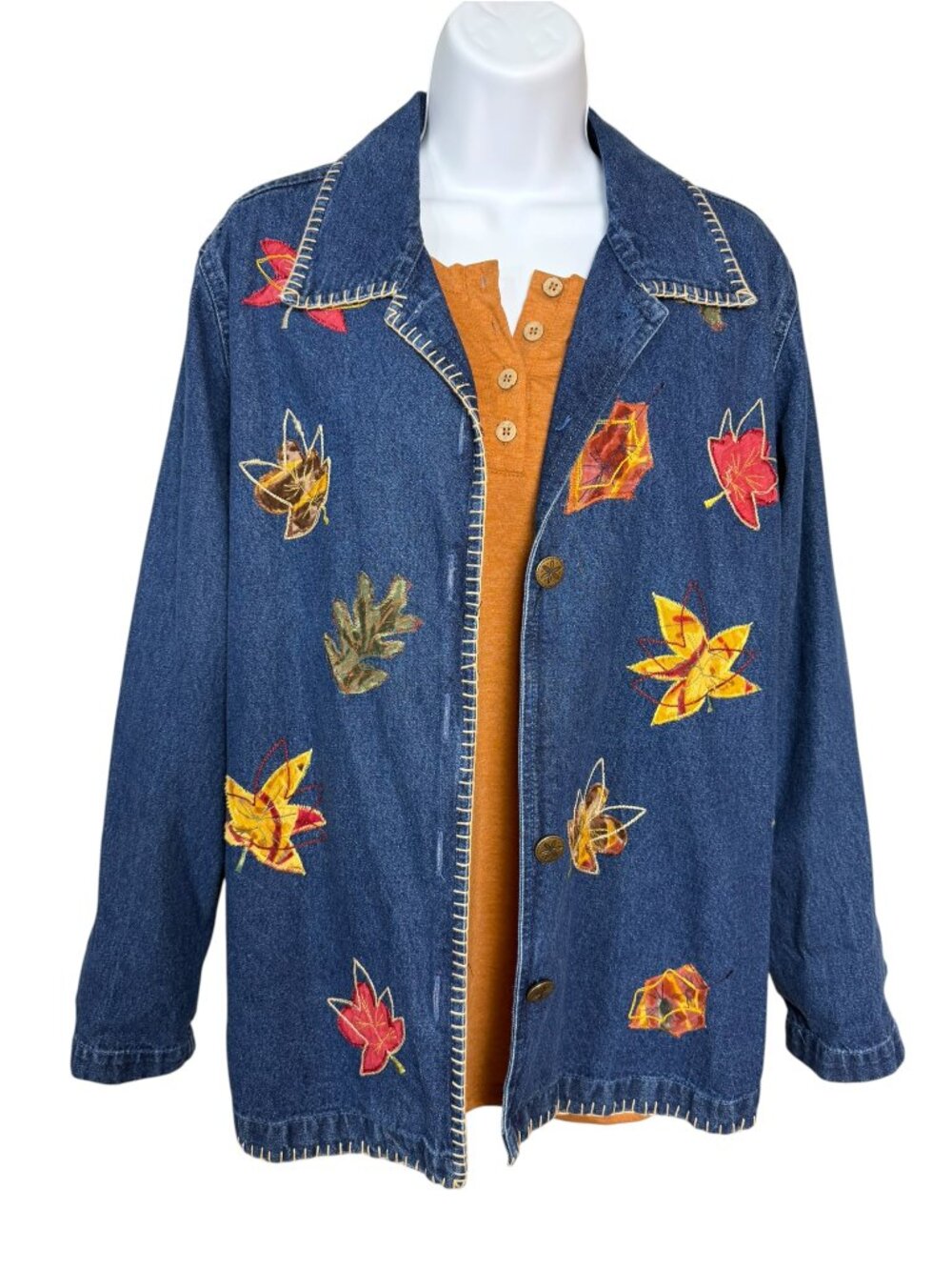Vintage NorthCrest Denim Fall Leaf Applique Jacket M Cottagecore